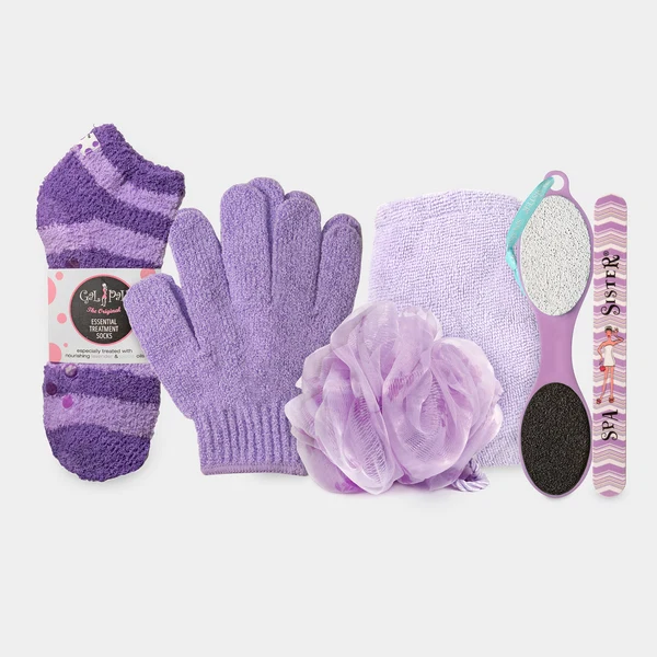 Violetinis SPA rinkinys su rankšluosčiu, kojinėmis, pirštinėmis ir pemza